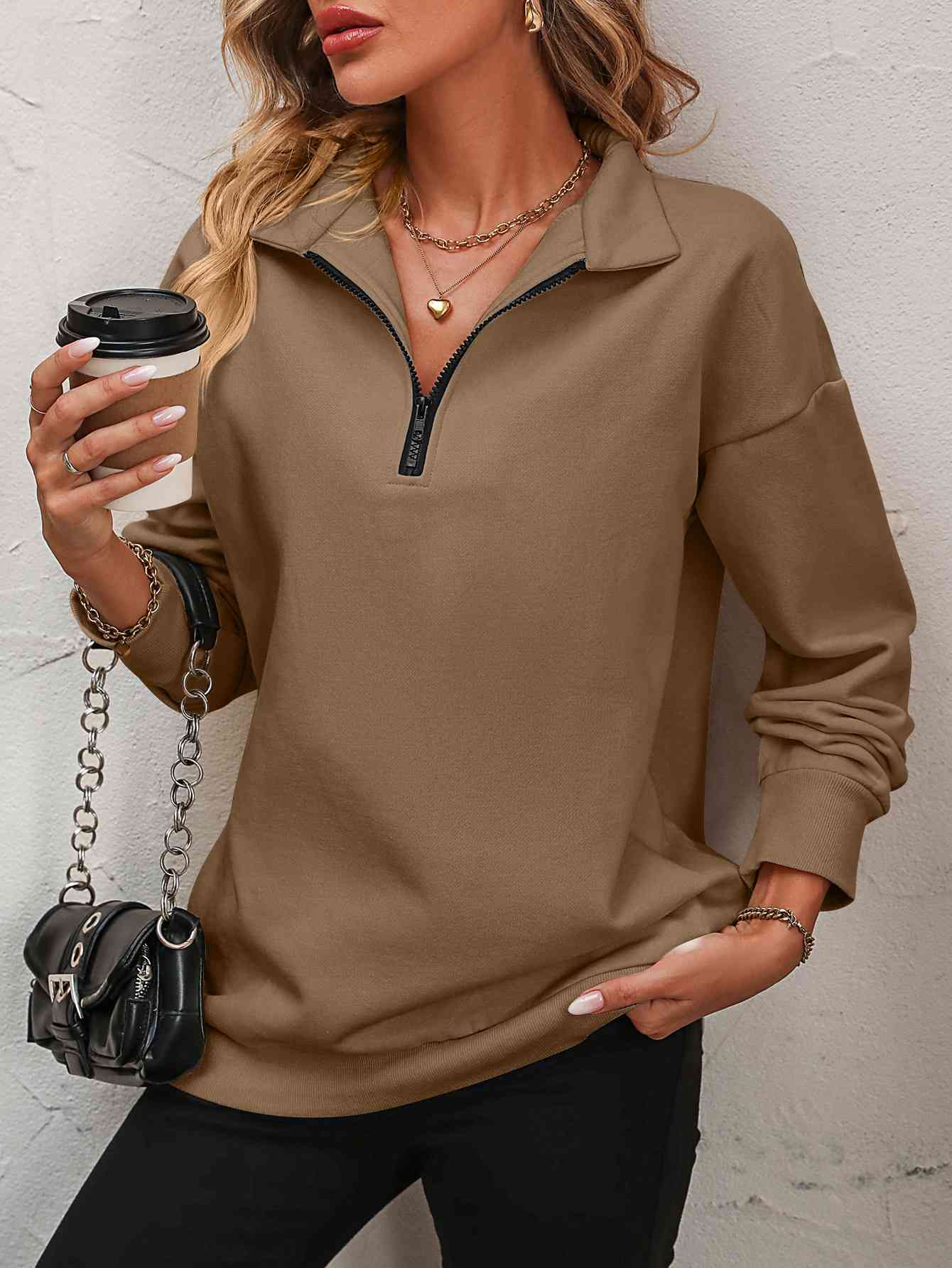 Zip-Up Dropped Shoulder Sweatshirt - NocturnalExpressions