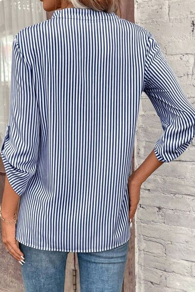 Striped Notched Roll-Tab Sleeve Shirt - NocturnalExpressions