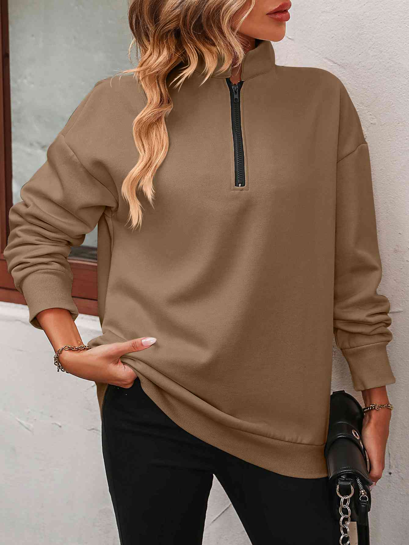 Zip-Up Dropped Shoulder Sweatshirt - NocturnalExpressions