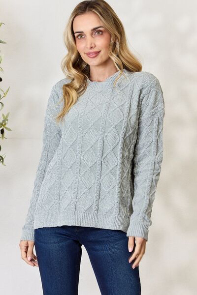 BiBi Cable Knit Round Neck Sweater - NocturnalExpressions