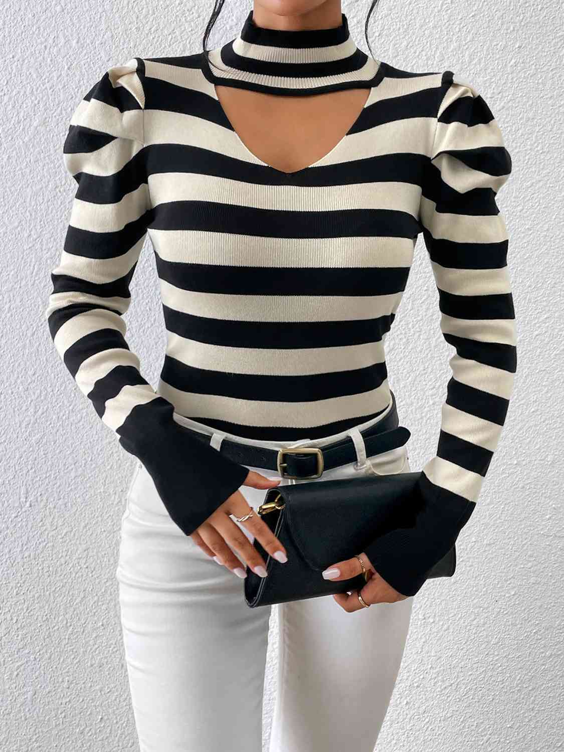 Striped Cutout Mock Neck Knit Top - NocturnalExpressions