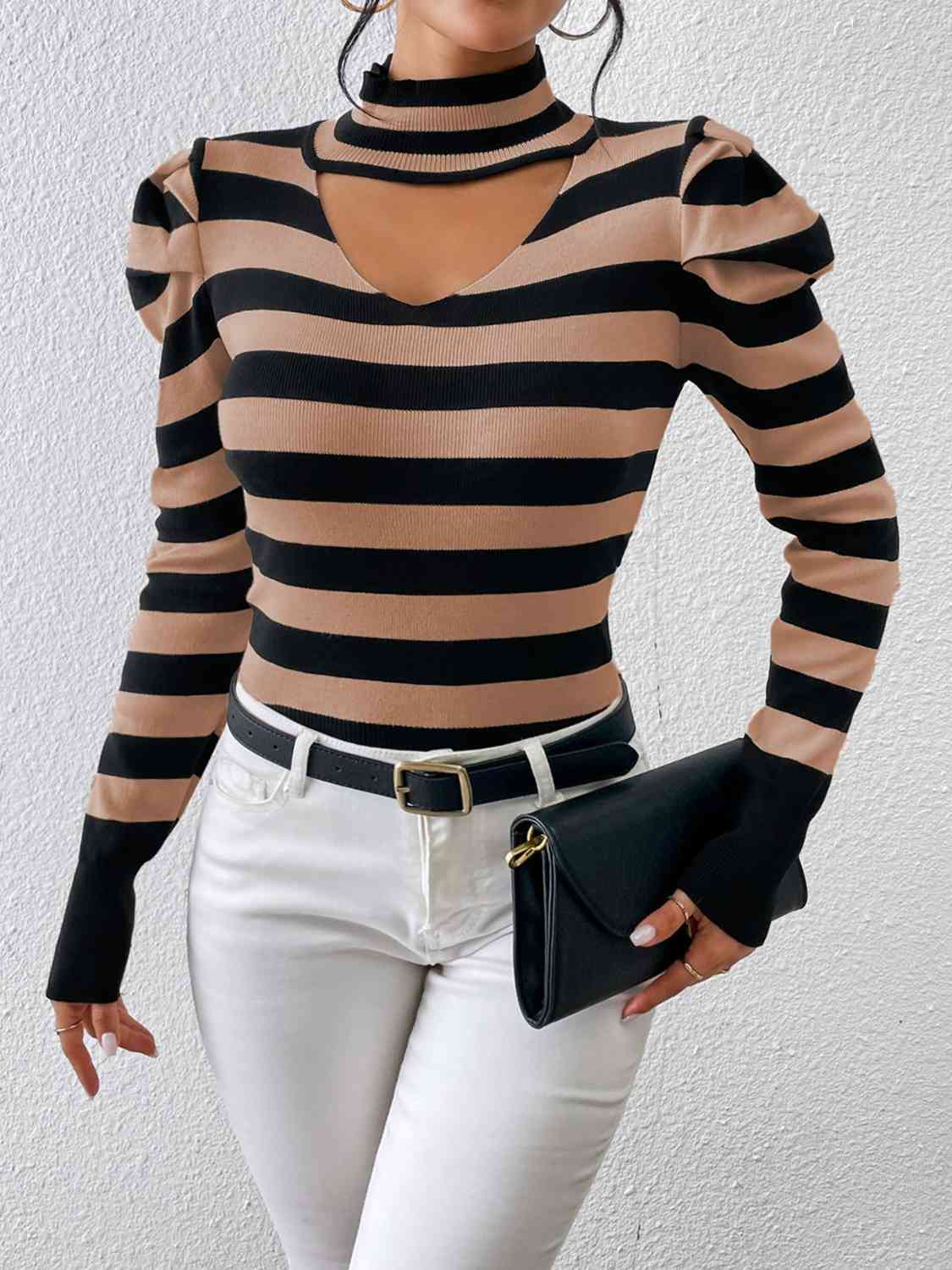 Striped Cutout Mock Neck Knit Top - NocturnalExpressions