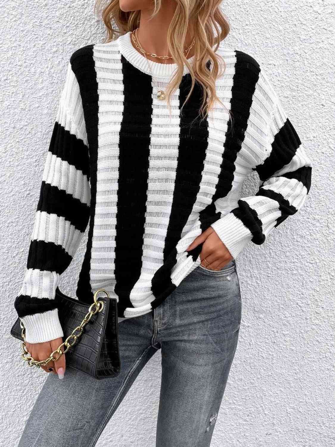 Striped Round Neck Long Sleeve Knit Top - NocturnalExpressions