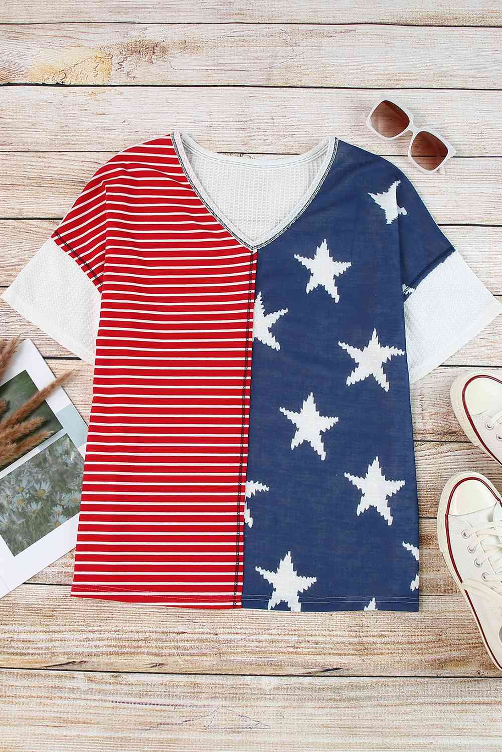 Star and Stripe V-Neck Top - NocturnalExpressions