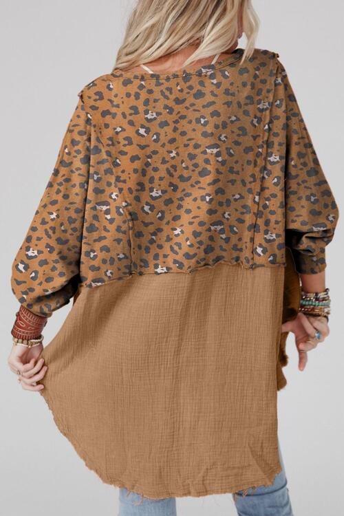 Textured Leopard Dropped Shoulder Blouse - NocturnalExpressions