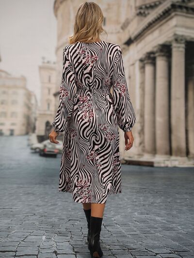 Animal Print Smocked Surplice Long Sleeve Dress - NocturnalExpressions