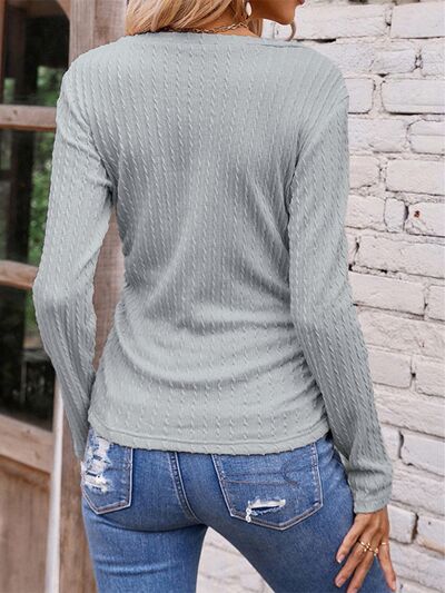 Textured Ruched V-Neck Long Sleeve T-Shirt - NocturnalExpressions