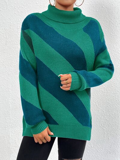 Striped Turtleneck Dropped Shoulder Sweater - NocturnalExpressions