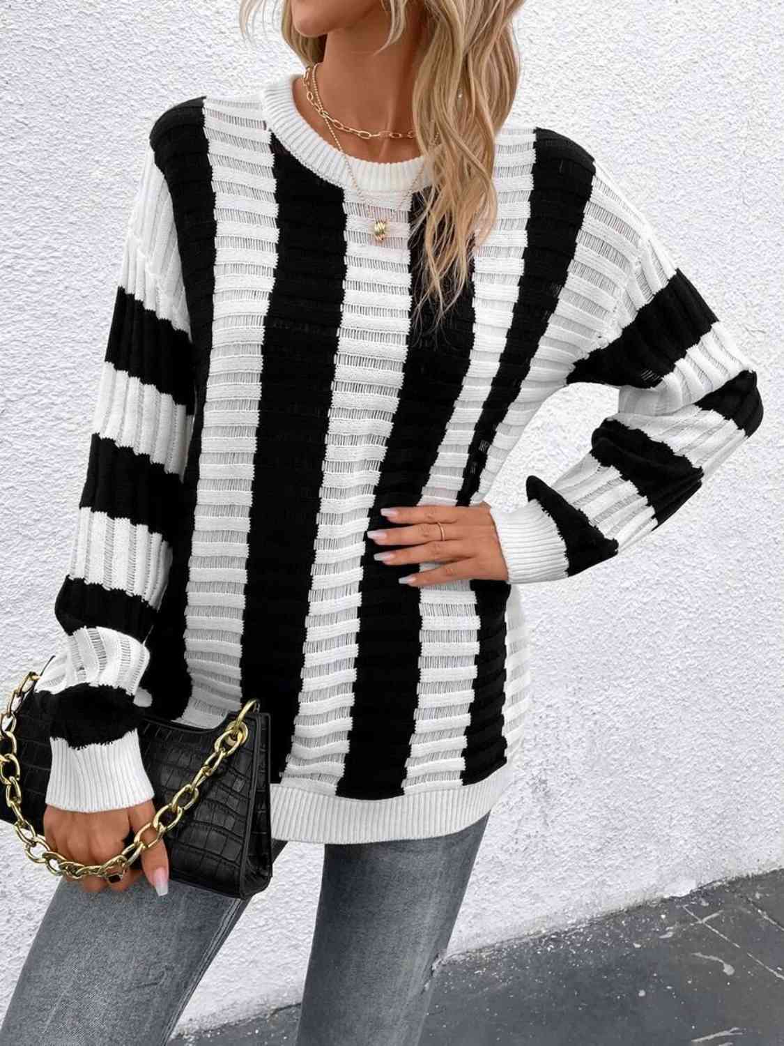 Striped Round Neck Long Sleeve Knit Top - NocturnalExpressions