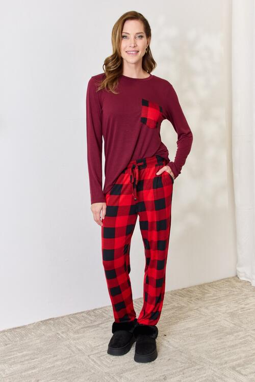 Zenana Full Size Plaid Round Neck Top and Pants Pajama Set - NocturnalExpressions