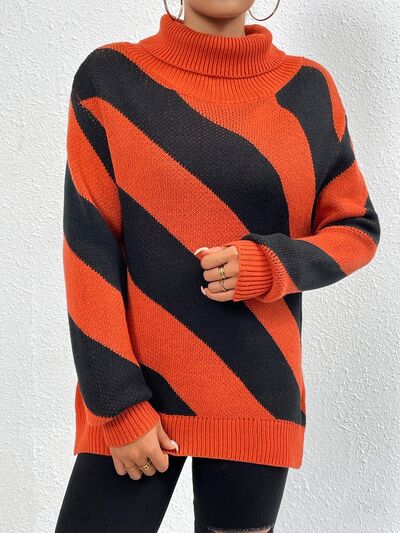 Striped Turtleneck Dropped Shoulder Sweater - NocturnalExpressions