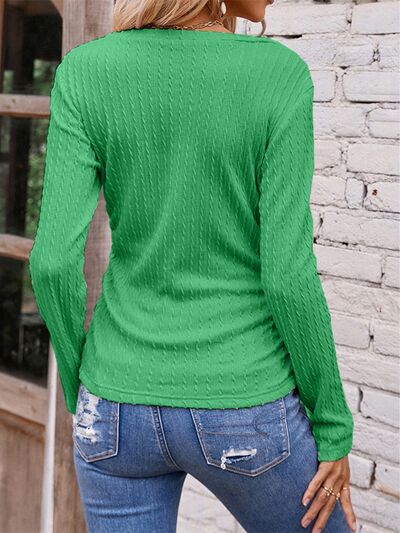 Textured Ruched V-Neck Long Sleeve T-Shirt - NocturnalExpressions