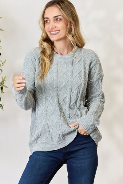 BiBi Cable Knit Round Neck Sweater - NocturnalExpressions