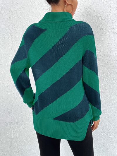 Striped Turtleneck Dropped Shoulder Sweater - NocturnalExpressions