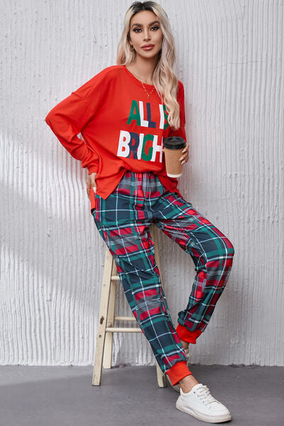 ALL IS BRIGHT Round Neck Top and Plaid Pants Lounge Set - NocturnalExpressions