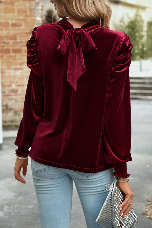 Tie Up Mock Neck Velvet Fabric Long Sleeve Blouse - NocturnalExpressions