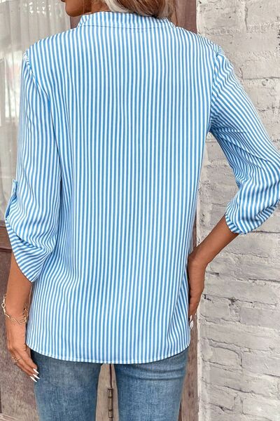 Striped Notched Roll-Tab Sleeve Shirt - NocturnalExpressions