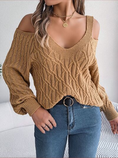 Cable-Knit Cold Shoulder Long Sleeve Sweater - NocturnalExpressions