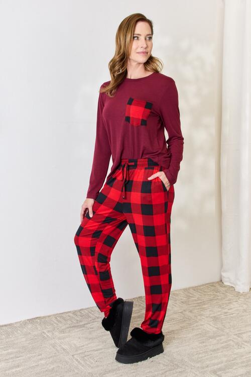 Zenana Full Size Plaid Round Neck Top and Pants Pajama Set - NocturnalExpressions