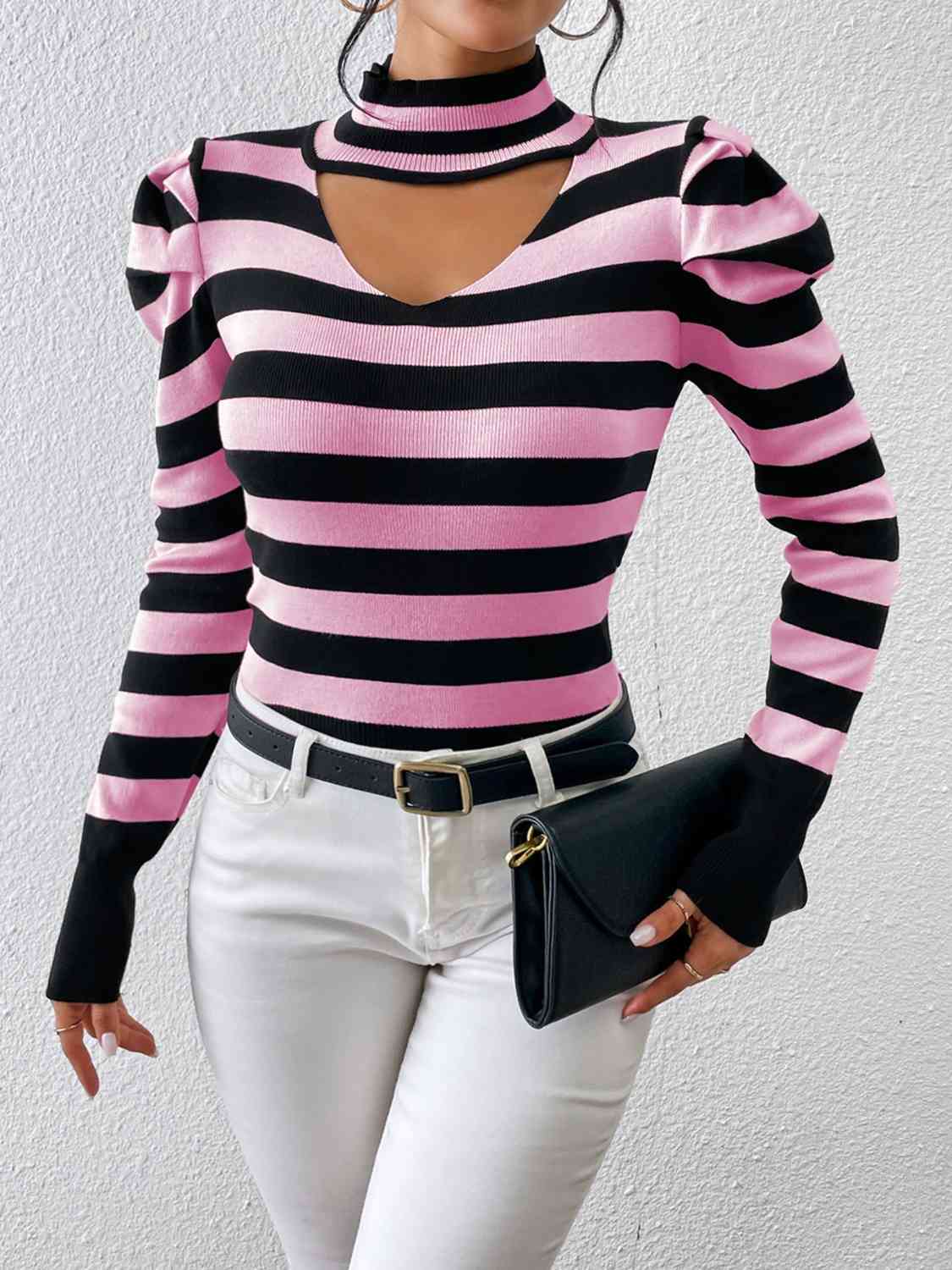 Striped Cutout Mock Neck Knit Top - NocturnalExpressions