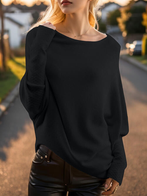 Texture Round Neck Long Sleeve Sweater - NocturnalExpressions