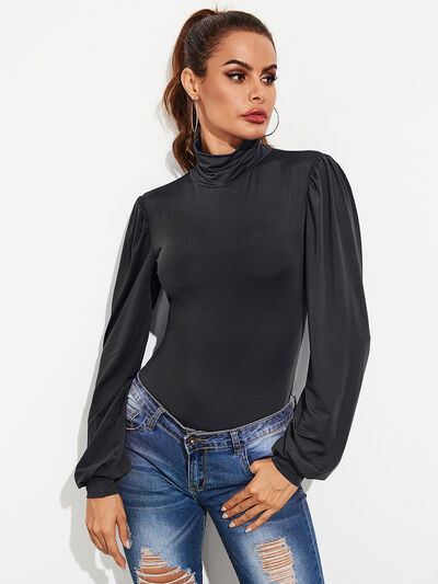 Backless Tie-Waist Turtleneck Lantern Sleeve Bodysuit - NocturnalExpressions