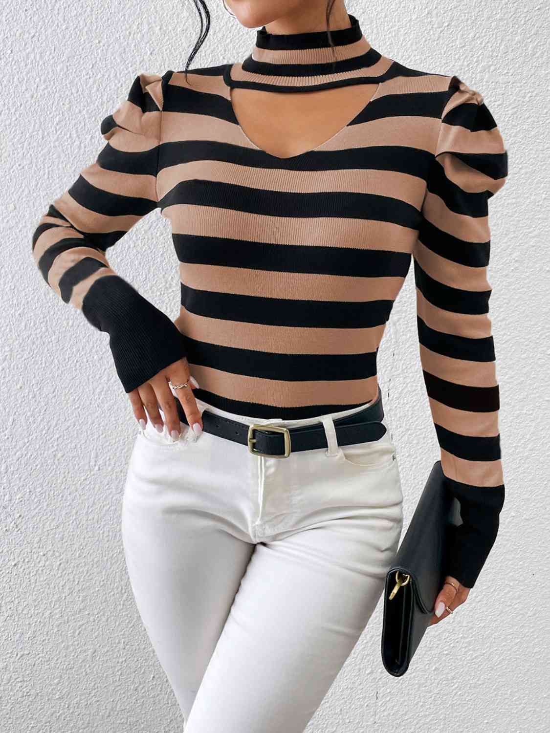 Striped Cutout Mock Neck Knit Top - NocturnalExpressions