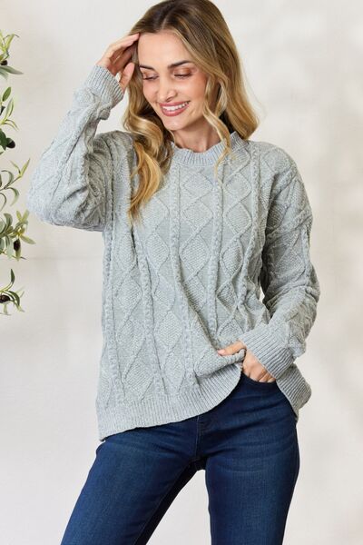 BiBi Cable Knit Round Neck Sweater - NocturnalExpressions