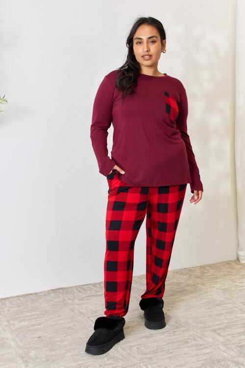 Zenana Full Size Plaid Round Neck Top and Pants Pajama Set - NocturnalExpressions