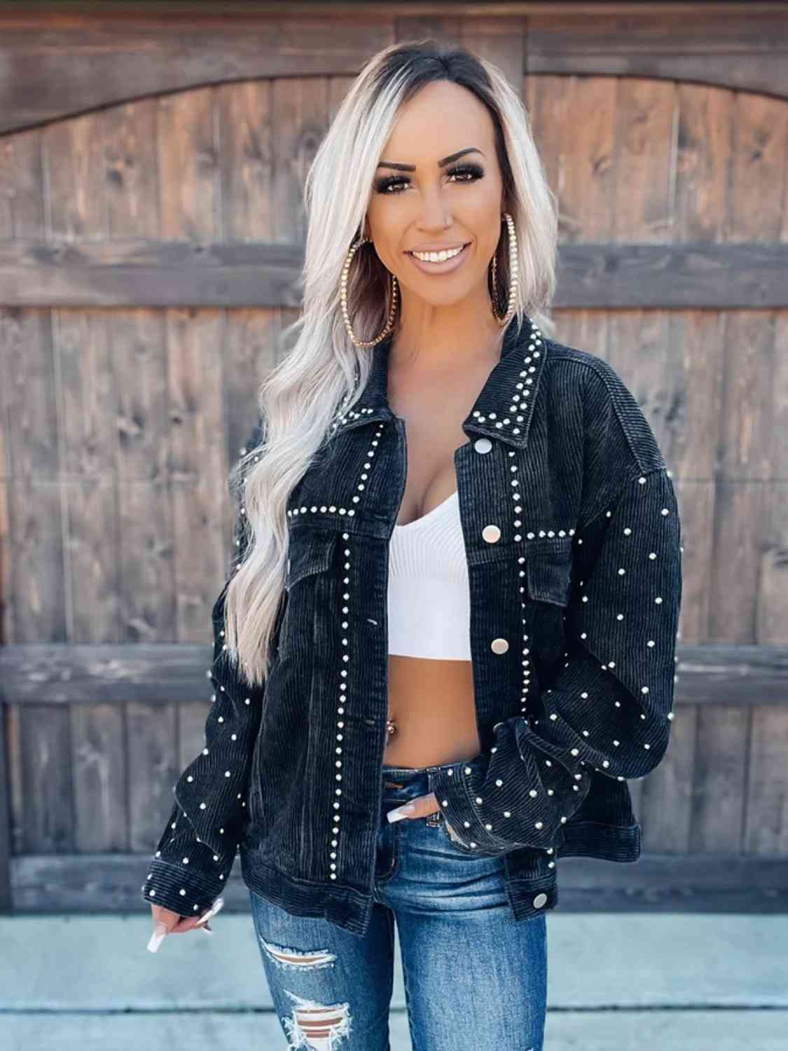 Studded Collared Neck Button Down Jacket - NocturnalExpressions