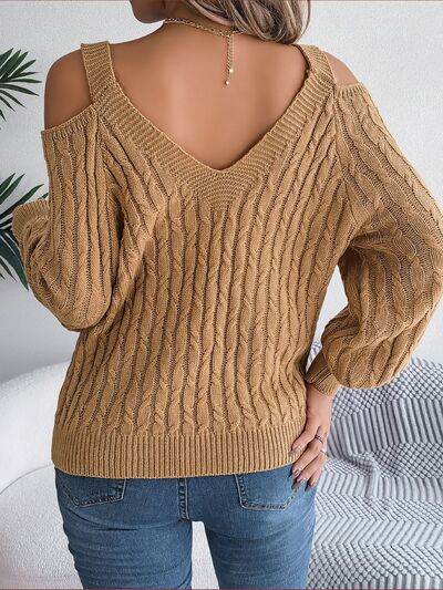 Cable-Knit Cold Shoulder Long Sleeve Sweater - NocturnalExpressions