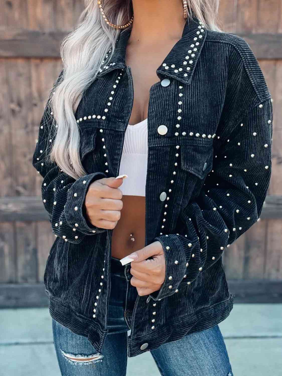 Studded Collared Neck Button Down Jacket - NocturnalExpressions