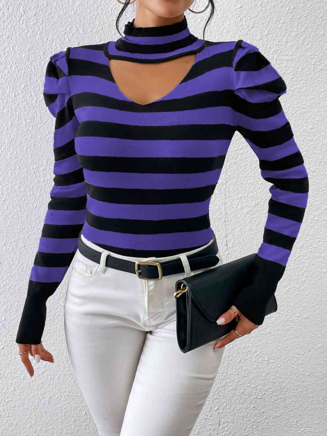 Striped Cutout Mock Neck Knit Top - NocturnalExpressions