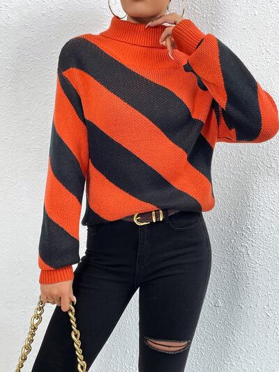 Striped Turtleneck Dropped Shoulder Sweater - NocturnalExpressions