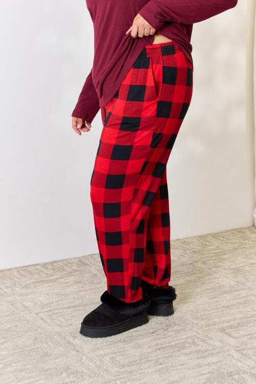 Zenana Full Size Plaid Round Neck Top and Pants Pajama Set - NocturnalExpressions