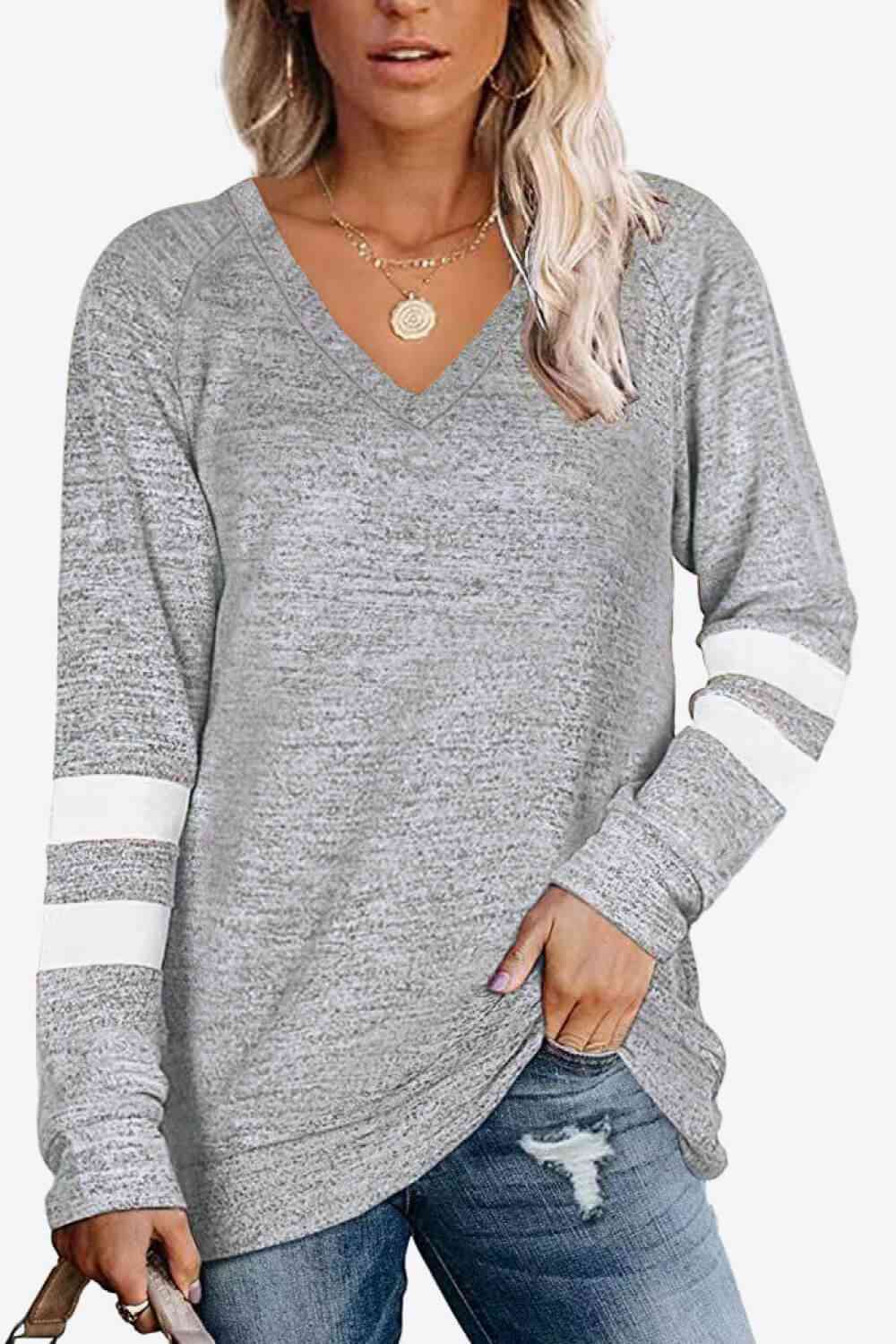 Striped Contrast Raglan Sleeve Top - NocturnalExpressions