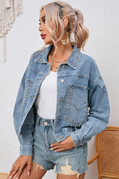 Studded Pocketed Button Up Denim Jacket - NocturnalExpressions