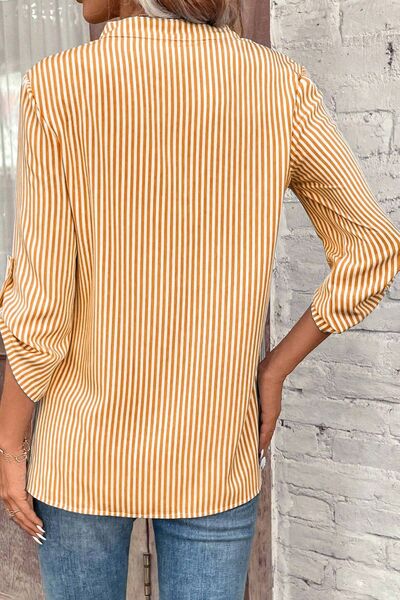 Striped Notched Roll-Tab Sleeve Shirt - NocturnalExpressions