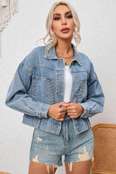 Studded Pocketed Button Up Denim Jacket - NocturnalExpressions