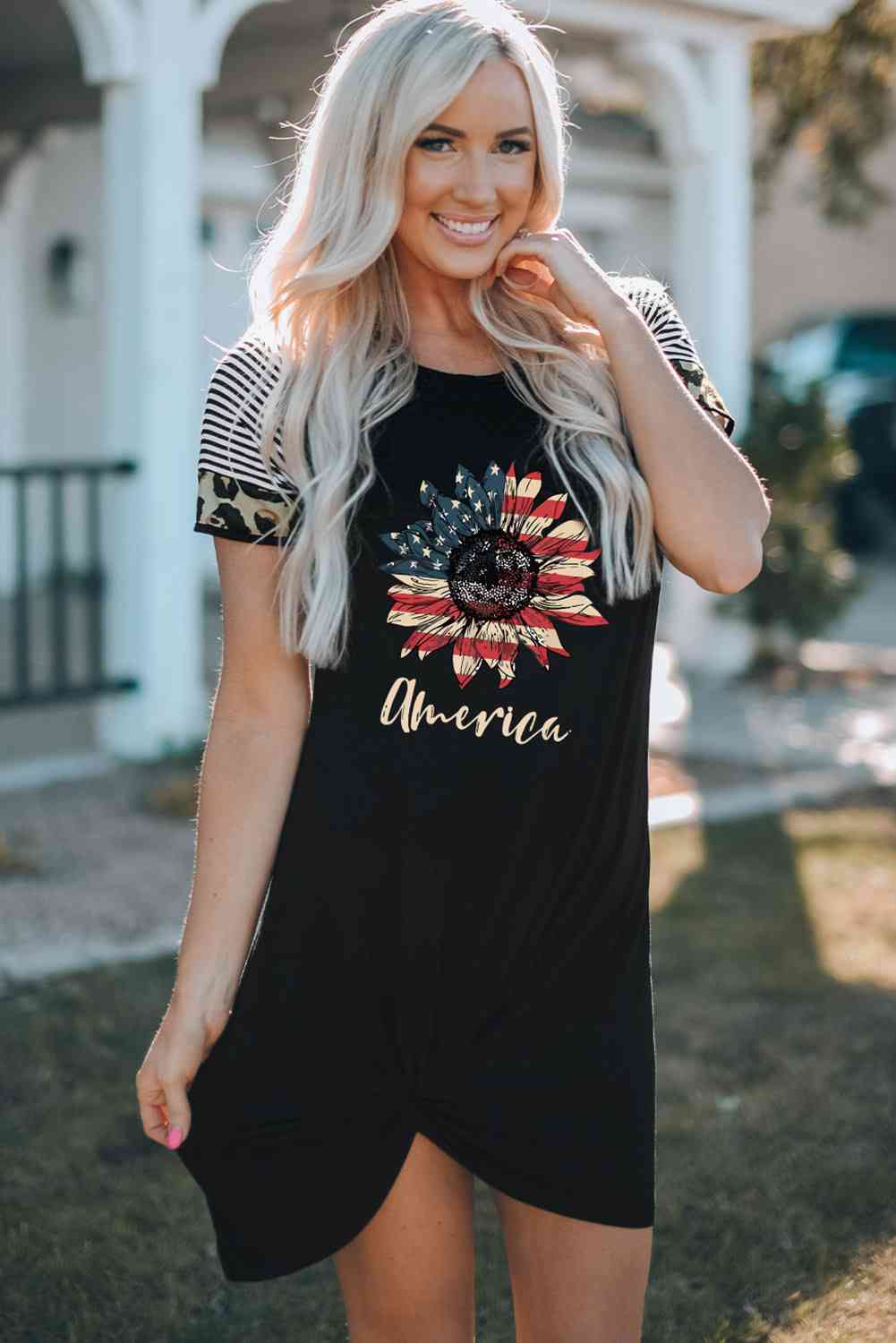 AMERICA US Flag Flower Graphic Twisted Dress - NocturnalExpressions