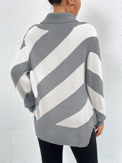 Striped Turtleneck Dropped Shoulder Sweater - NocturnalExpressions