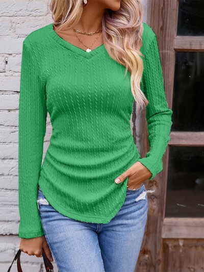 Textured Ruched V-Neck Long Sleeve T-Shirt - NocturnalExpressions