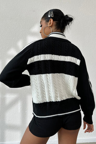 Cable-Knit Color Block Raglan Sleeve Cardigan - NocturnalExpressions