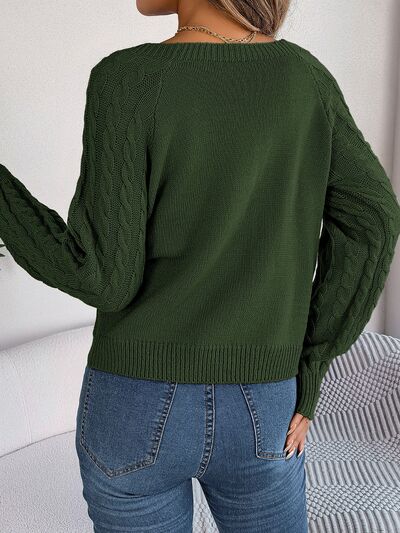 Cable-Knit Round Neck Long Sleeve Sweater - NocturnalExpressions