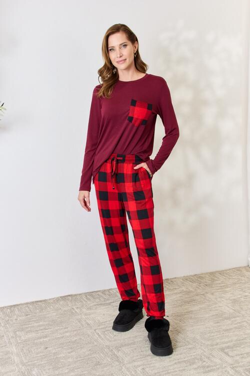 Zenana Full Size Plaid Round Neck Top and Pants Pajama Set - NocturnalExpressions