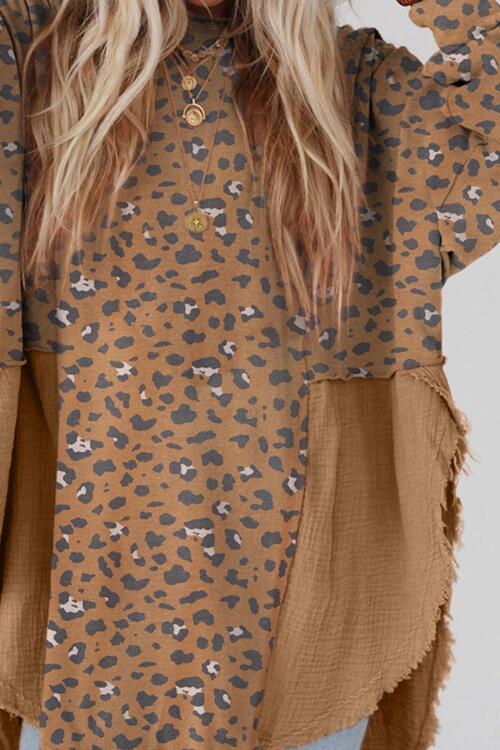 Textured Leopard Dropped Shoulder Blouse - NocturnalExpressions