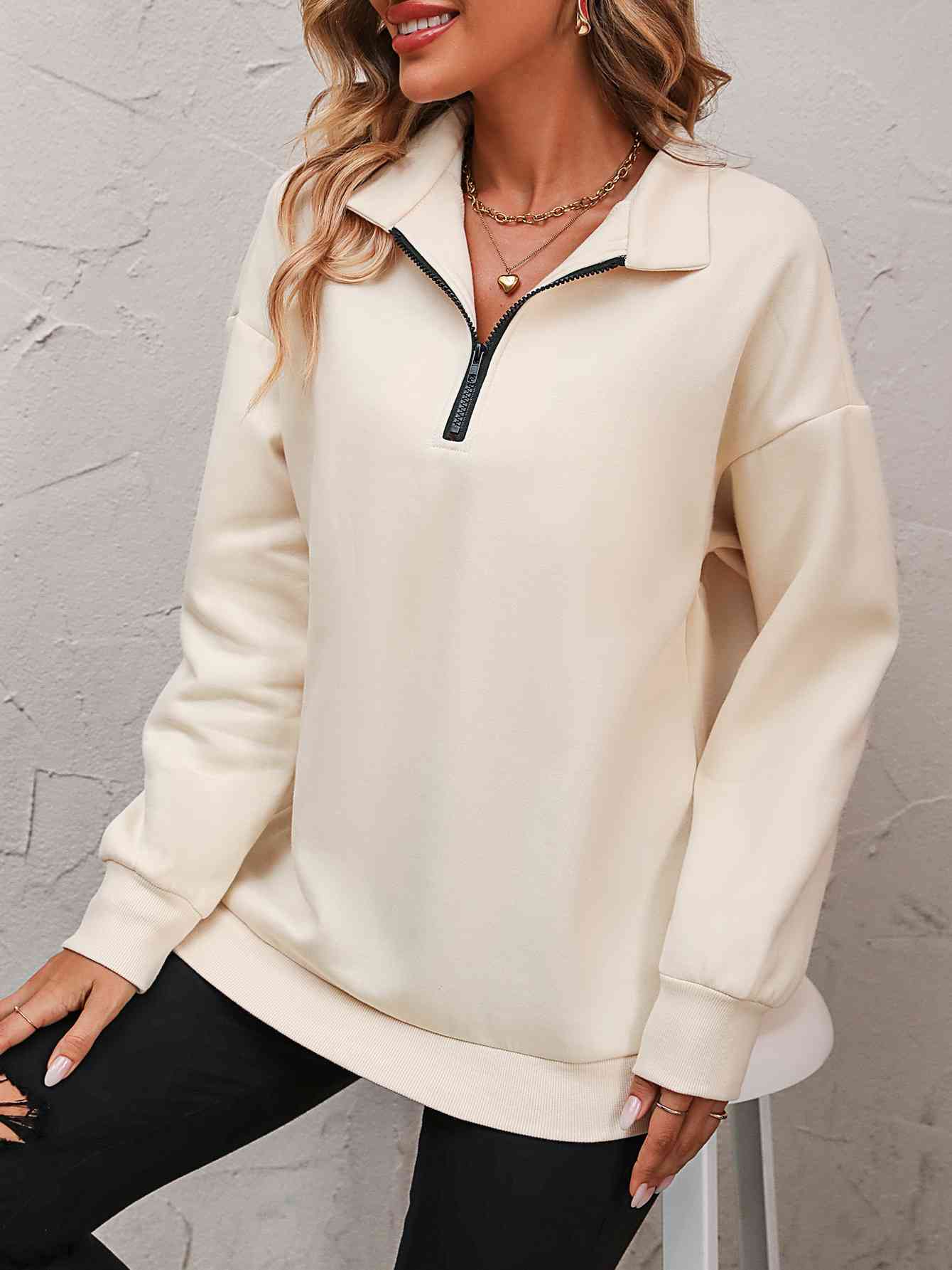 Zip-Up Dropped Shoulder Sweatshirt - NocturnalExpressions