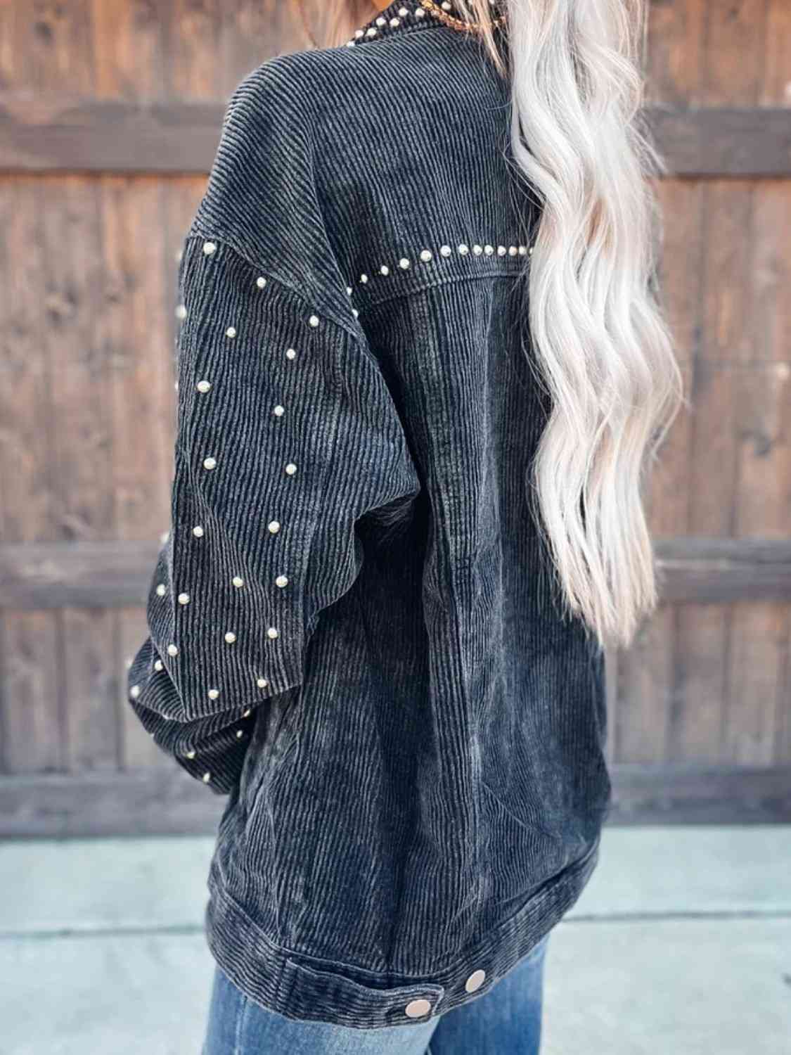 Studded Collared Neck Button Down Jacket - NocturnalExpressions