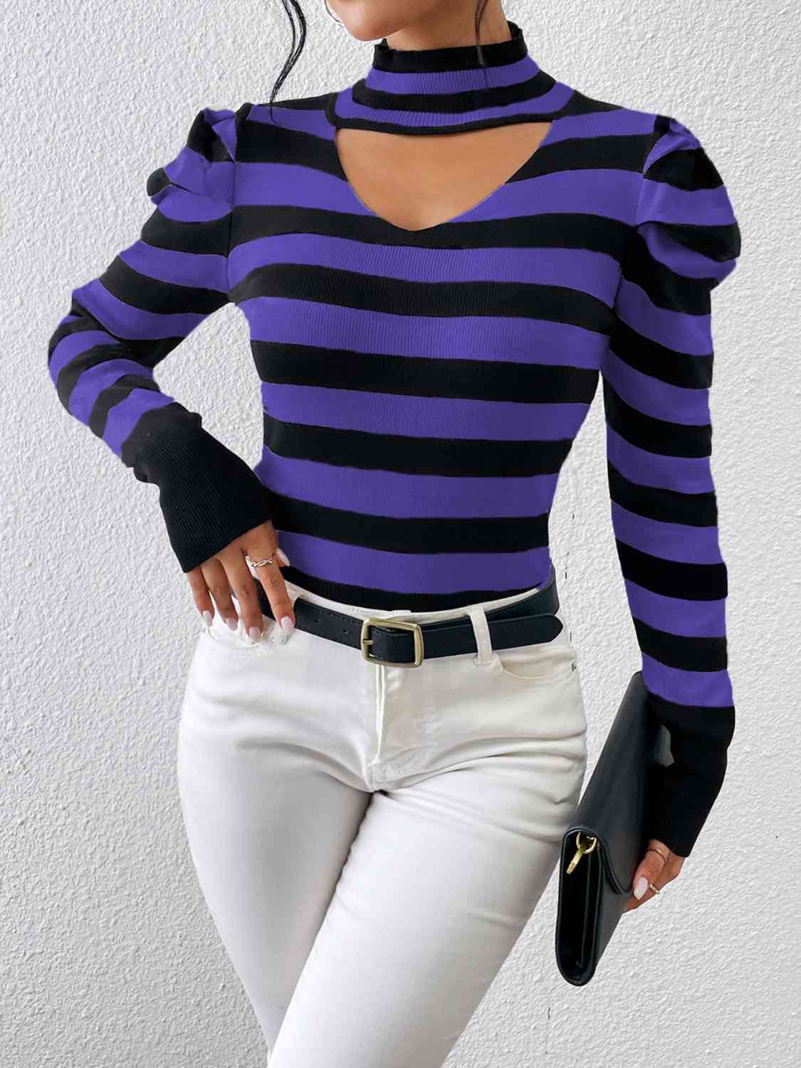 Striped Cutout Mock Neck Knit Top - NocturnalExpressions