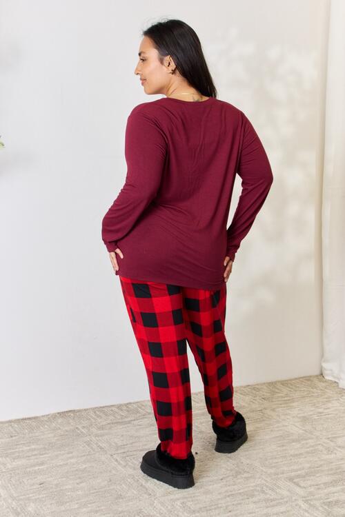 Zenana Full Size Plaid Round Neck Top and Pants Pajama Set - NocturnalExpressions